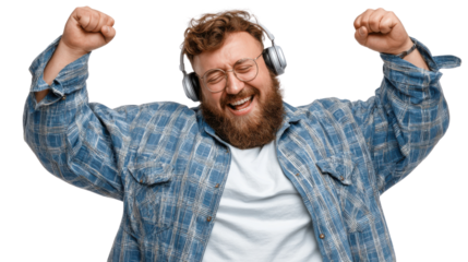 Ecstatic Music Enjoyment: a man immersed in pure sonic bliss, radiating infectious energy as he listens to his favorite tunes. A symphony of joy captured in every movement. 