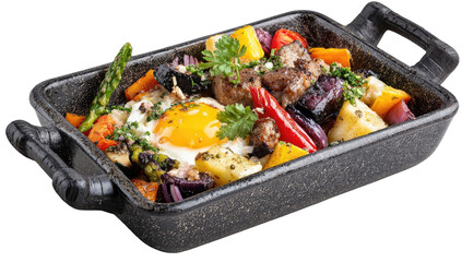 Colorful medley of roasted vegetables, meats, and egg in a dark rectangular pan