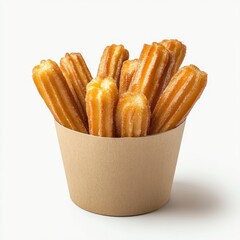 A small paper cup filled with churros, isolated against a white background. High-resolution photograph, professional-quality lighting
