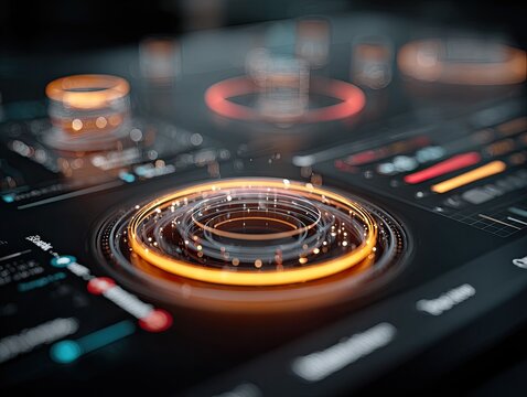 Interactive HUD display with glowing circular interface elements - Powered by Adobe