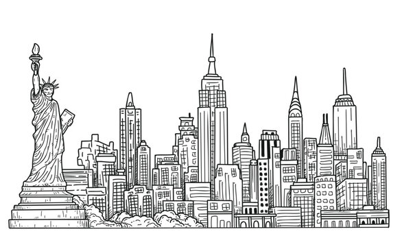 Hand-drawn vector illustration of a cityscape, sharp black lines on a clean white background. Simple yet modern composition of urban buildings in a straight-on view, perfect for graphic design or city