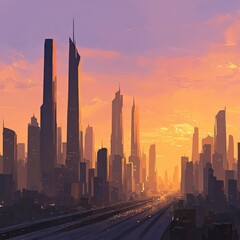 Fototapeta premium Sleek city skyline at sunrise 2