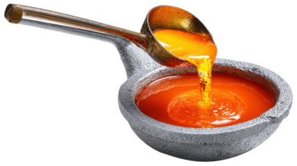 Molten Metal Poured: The image captures a moment of industrial process, showcasing molten metal being poured into a crucible, symbolizing industry, transformation, and creation. 