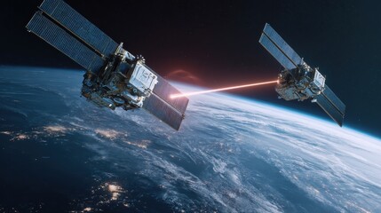 Satellites in Orbit: Two advanced satellites communicate through a laser beam, set against the stunning backdrop of planet earth in the deep of space.