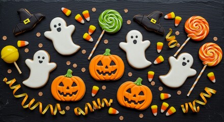 Flat Lay Artistic Halloween Treat Arrangement with Cookies and Candy