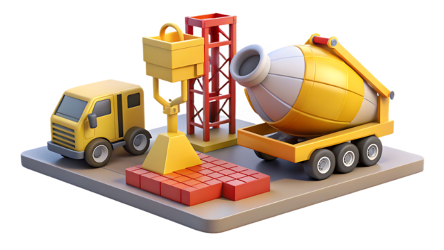 Cartoon construction site with cement mixer truck and tower crane building