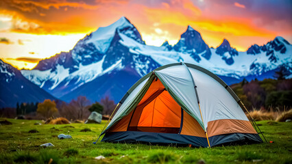 Camping Tent with Mountain View at Sunrise