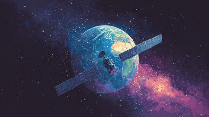 Earth's Cosmic Sentinel: An artistic depiction of Earth and orbiting satellite against a breathtaking, galaxy-filled cosmos. Highlighting humanity's reach and vision.