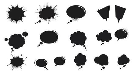 Collection of various black comic speech bubbles and thought clouds