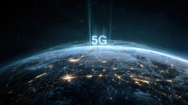 5G Wireless Network: A global network of interconnected devices, powered by the lightning-fast 5G technology, illuminates the world with a futuristic display of data and connectivity.