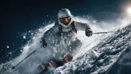 Skier carving fresh powder, mountain slope, dramatic night sky