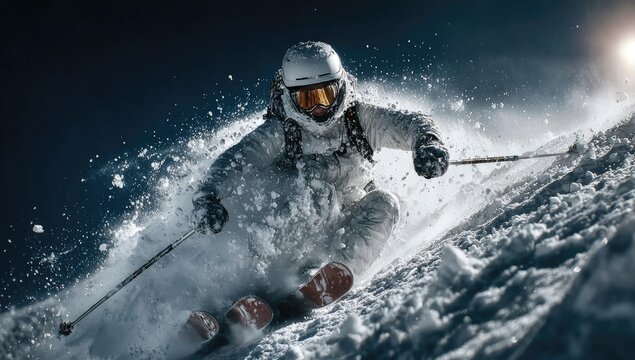 Skier carving fresh powder, mountain slope, dramatic night sky