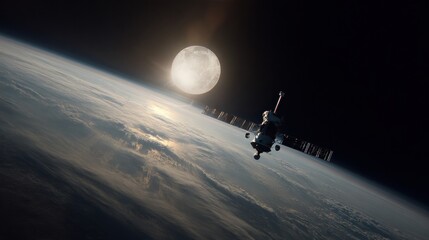 Cosmic Orbit: A satellite gracefully orbits Earth, bathed in the celestial glow of the moon and the brilliance of the cosmos.