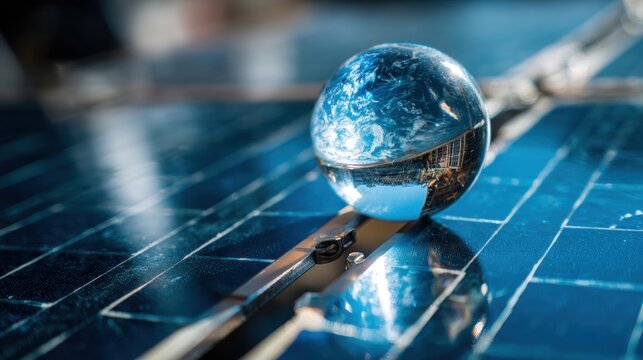 Solar Power's World View: A single, crystal-clear water droplet delicately balances upon a solar panel, mirroring the Earth and signifying sustainable energy practices for the future