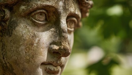 Close-up of weathered, classical stone bust, serene expression, outdoors