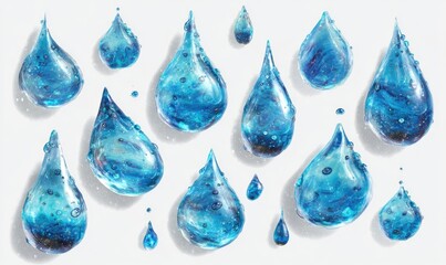 Blue water drops, various sizes and shapes