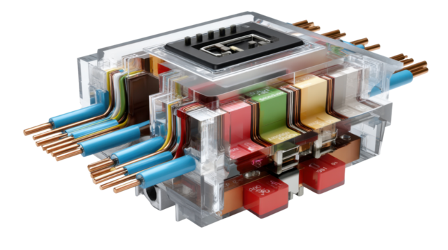 Transparent Circuit Board: A detailed, transparent circuit board showcasing colorful wires and intricate electrical components, offering a glimpse into the complex world of technology.