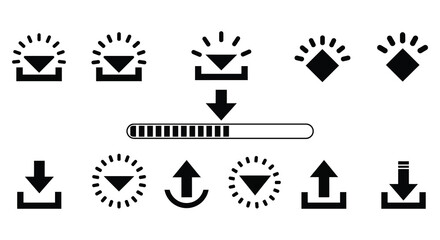 Black and white icons of various directions and light effects on a white background