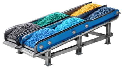 Industrial Sorting: An array of vibrant granules cascade down automated conveyor belts, exemplifying precision and efficiency in a modern processing plant.