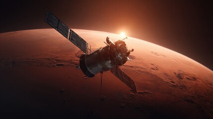Obraz premium Celestial Voyager: A photorealistic rendering of a satellite orbits a vast terrestrial planet, its solar panels reflecting the golden light of a distant sun.