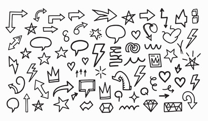Obraz premium Line shape marker underline, arrow, heart brush element set. Hand drawn sketch marker underline shape, arrow, heart scribble brush pen stroke element hand drawn music icons