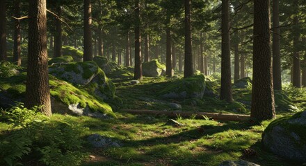 Sunlit forest floor with mossy rocks, trees reaching for the sky, and scattered logs in a serene, green environment