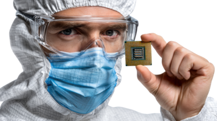 Microchip and Technician: A focused technician, clad in protective gear, meticulously examines a state-of-the-art microchip, representing innovation in technology. 