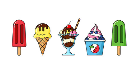 Colorful assortment of frozen desserts featuring ice cream and popsicles illustration