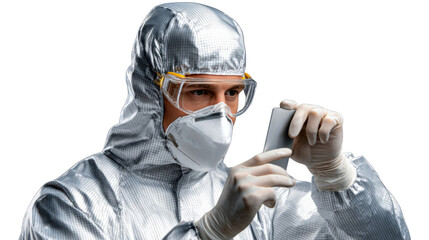Scientific scrutiny in a protective suit: A scientist in a protective suit is examining a sample under scrutiny, the image a vivid portrayal of scientific rigor and lab safety.