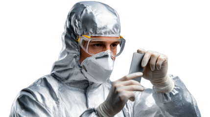 Scientific scrutiny in a protective suit: A scientist in a protective suit is examining a sample under scrutiny, the image a vivid portrayal of scientific rigor and lab safety.