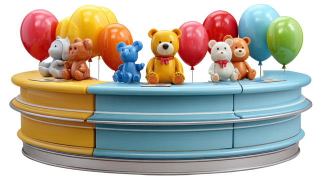 Playful Bears in Celebration: A charming tableau of adorable teddy bears adorned with vibrant balloons, suggesting a whimsical event of joy, with vibrant colors and festive atmosphere.