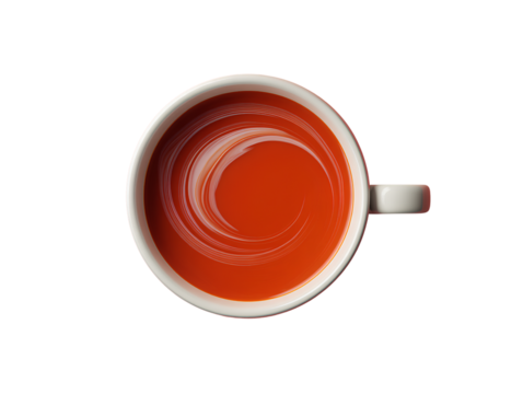 Minimalist Bowl of Tomato Soup with Artistic Cream Swirl, Angled Overhead View, Isolated on Transparent Background