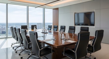 Modern Conference Room with Large Windows and City View, Polished Table and Chairs.