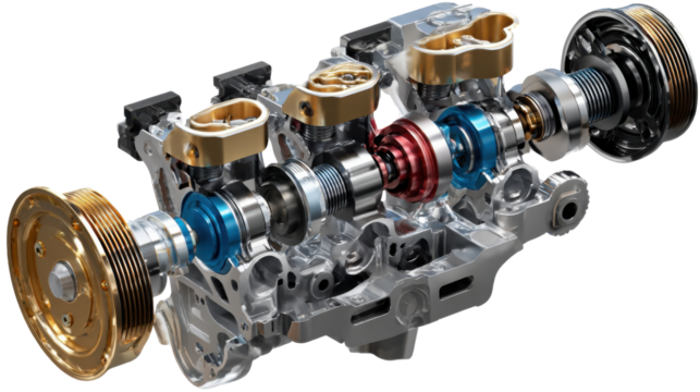 Precision Engineering: A detailed, artistic depiction of a complex engine, showcasing its intricate inner workings with a focus on the mechanical and structural components.