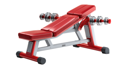 Gym bench with dumbbells: A modern red and gray gym bench with pairs of dumbbells arranged in a studio. The equipment is positioned for exercise and fitness activities.