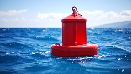 Bright red navigation buoy floating on the deep blue sea with a distant island on a sunny day