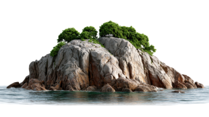 Island Oasis: A small island in the vast ocean, topped with lush greenery. The rugged rocks and serene waters tell a story of natural beauty and tranquility. 
