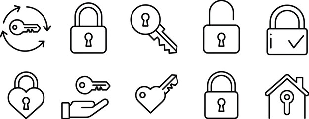 Flat vector security icons with lock, key, unlock, password protection, home safety, access control, privacy design, data protection symbol