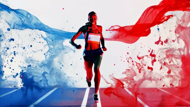 A vibrant illustration of a runner in motion, captured with colorful splash effects, showcasing energy and determination in an artistic environment.