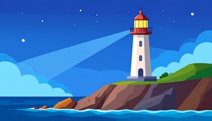A beacon of hope Lighthouse shining its guiding light over the ocean waves on a starry night illustration.