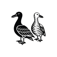 Elegant black and white illustration of two ducks standing side by side
