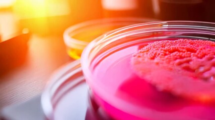 Colorful agar plates with bacterial cultures showcase vibrant hues under soft lighting, emphasizing the beauty and complexity of microbial growth in laboratory research.