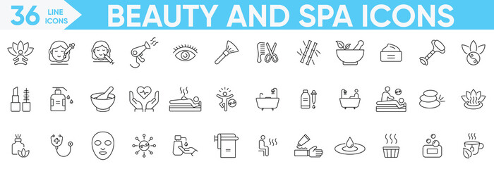 Beauty and SPA icon set line editable stroke.aromatherapy, herbal, wellness, aesthetic, natural, holistic, self-care, treatment, yoga, skin care and more.Vector and illustration