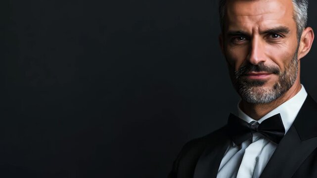A striking portrait of a confident man wearing a black suit, showcasing gray hair and a well-groomed beard. Perfect for themes of professionalism and style.