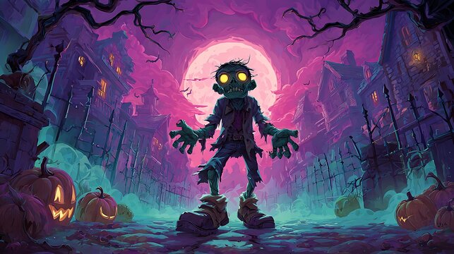 A cartoon zombie stands in front of a full moon with pumpkins and haunted houses in the background halloween art
