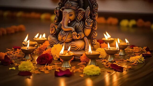 Illuminating ashtavinayak ganesh chaturthi a spiritual ganesh idol surrounded by the warm glow of diya lamps and vibrant flower garlands