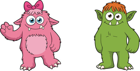 Cute Cartoon Monster Characters – Pink Girl and Green Boy with Funny Faces for Kids Design, Halloween, Games, Storybooks, and Fantasy Character Vector Illustration
