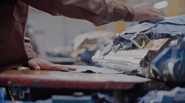 Fibers Flying As Animal Hides Are Processed On A Industrial Manufacturing Machine In A Leather Plant.