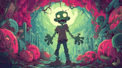 A cartoon zombie stands amidst pumpkins and skulls in a spooky halloween themed environment with bright colors halloween art