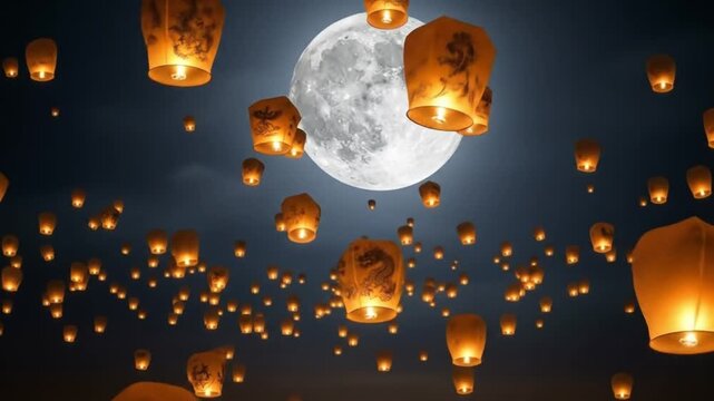 Enchanting Glowing Sky Lanterns Ascending Under a Majestic Full Moon Night Sky
